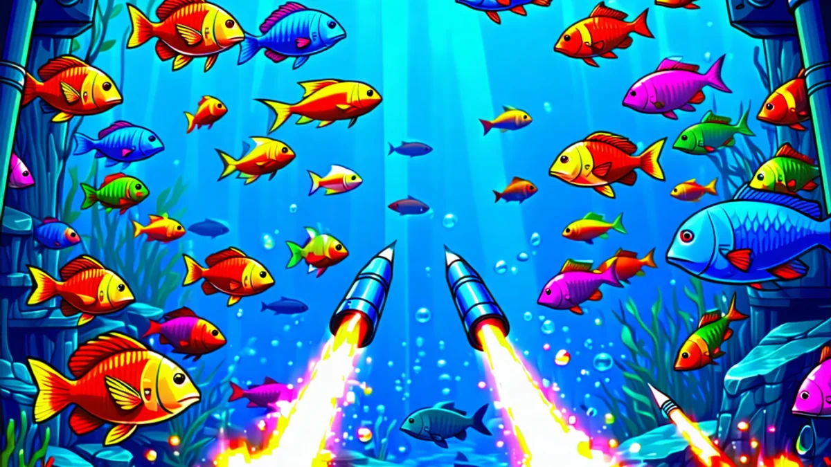 Hình ảnh đại dương rực rỡ với nhiều loài cá và tàu săn cá tại NH88, minh họa trò chơi bắn cá