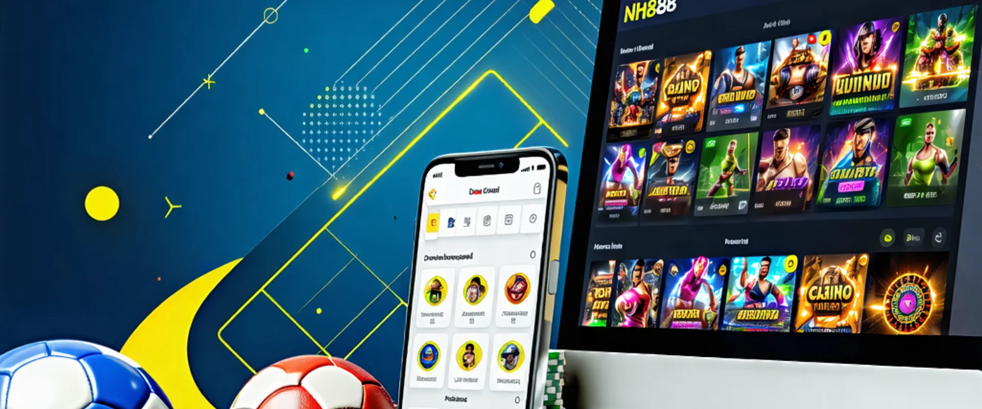 Hình ảnh banner ứng dụng NH88 trên điện thoại và máy tính, thể hiện trải nghiệm cá cược di động