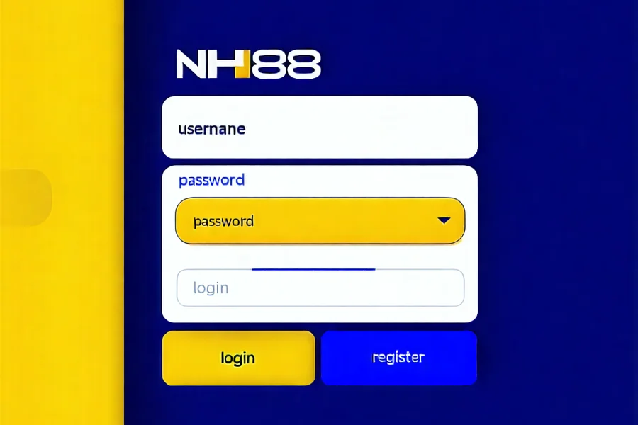 Giao diện đăng nhập và đăng ký tài khoản NH88, với các trường nhập liệu tên người dùng, mật khẩu và nút hành động.