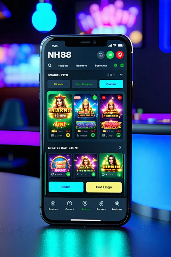 Giao diện ứng dụng di động NH88 app trên điện thoại, hiển thị các tính năng cá cược