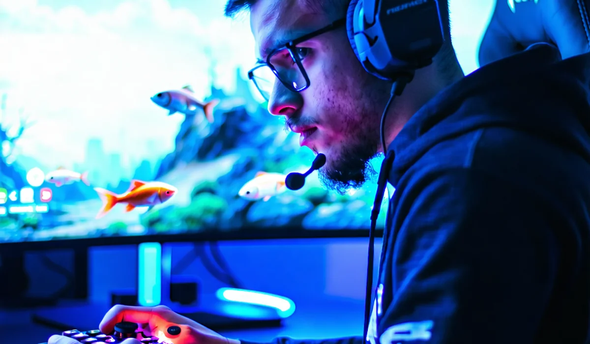 Hình ảnh người chơi tập trung vào màn hình, thể hiện sự tính toán chiến thuật khi chơi bắn cá NH88