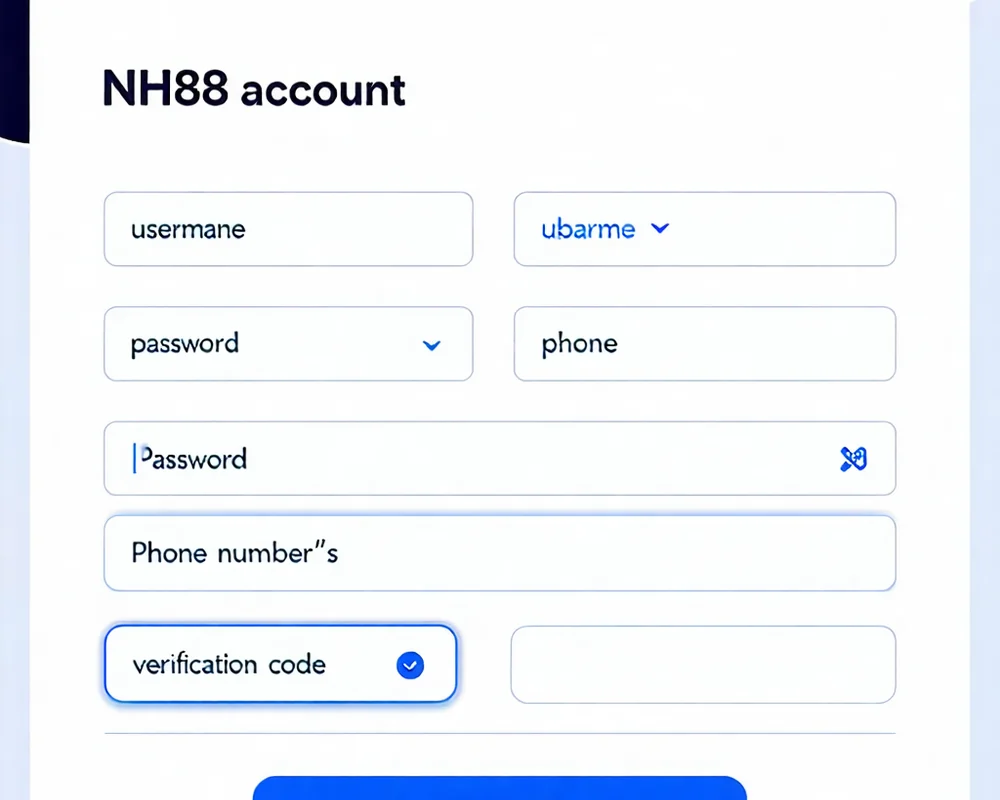 Ảnh chụp màn hình biểu mẫu đăng ký tài khoản NH88, hiển thị các trường thông tin cần điền như tên người dùng, mật khẩu và số điện thoại