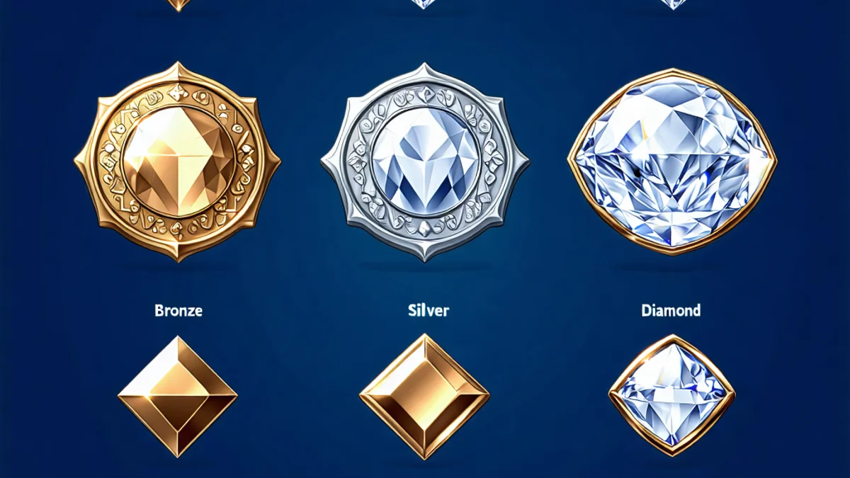 Hình ảnh minh họa các cấp độ VIP tại NH88, với biểu tượng đại diện cho mỗi cấp độ từ Đồng đến Kim Cương, trên nền xanh đậm và các điểm nhấn vàng kim.